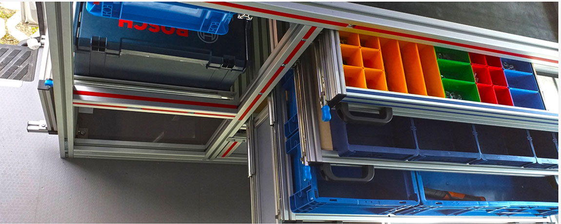 Workbench with organisers in a van