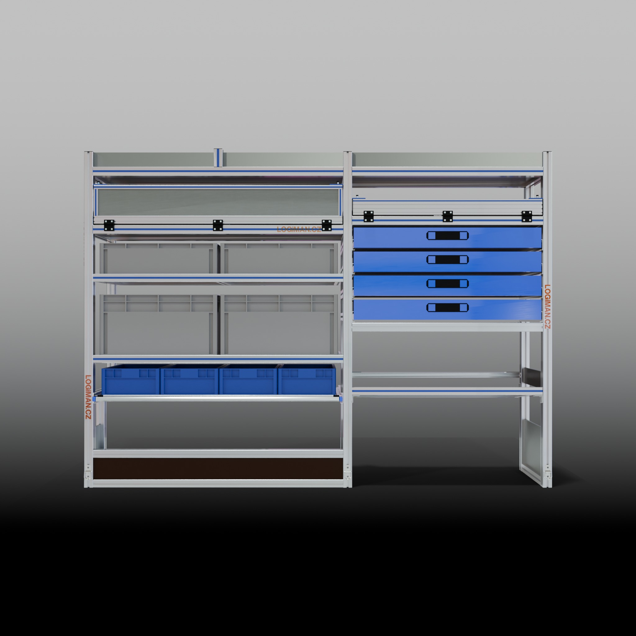 Van shelving fit-out – Fiat Ducato L2H2 (wheelbase 3450 mm) - front view