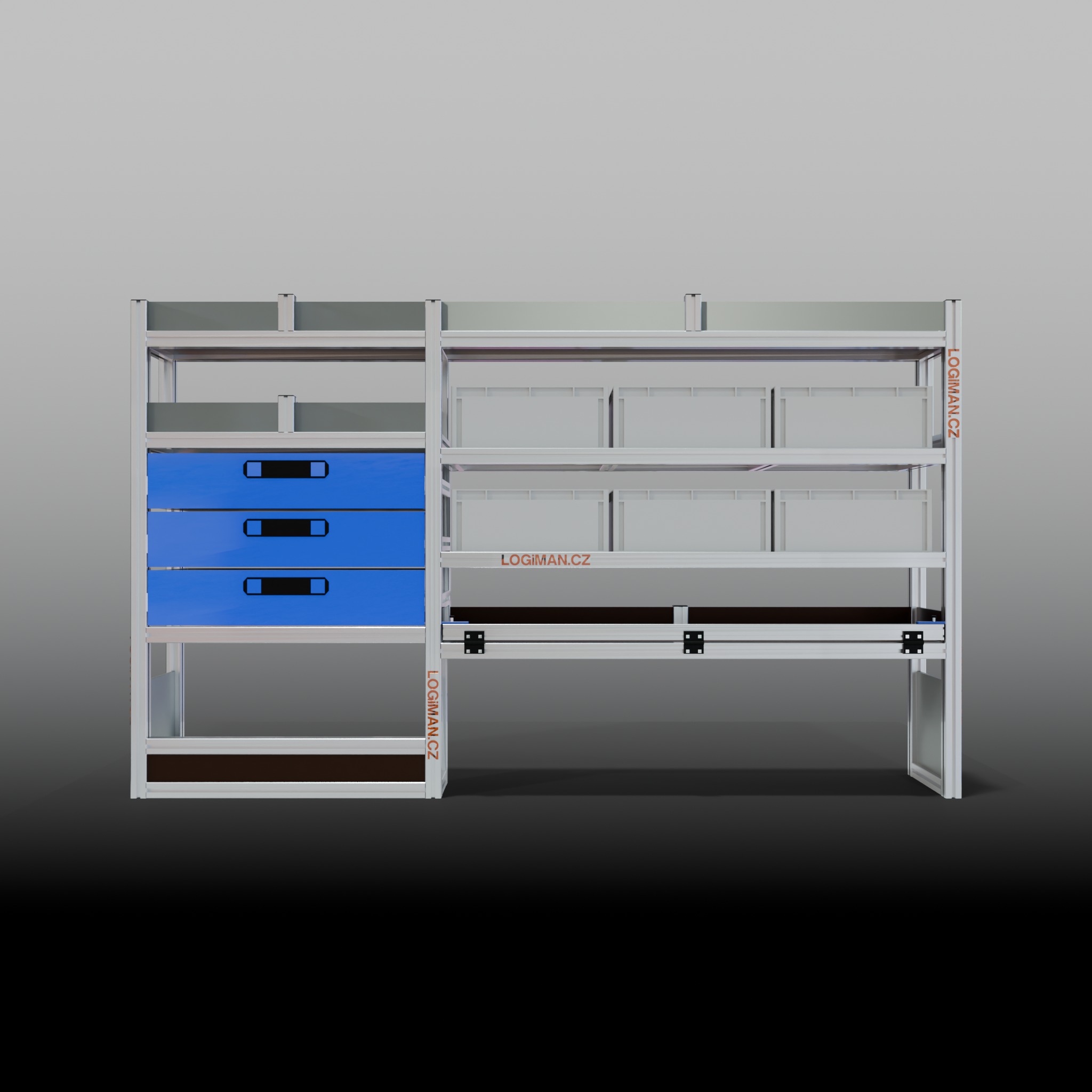 Van shelving fit-out – Ford Transit Custom L1H1 (wheelbase 3300 mm) - front view