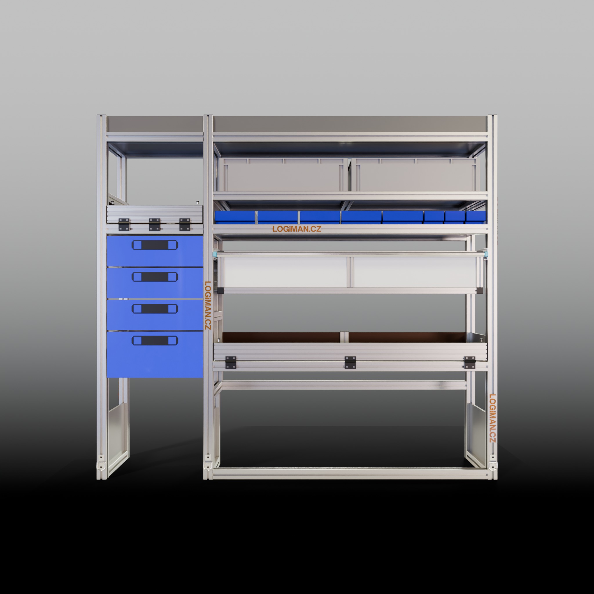 Van shelving fit-out – Ford Transit L3H3 FWD - front view