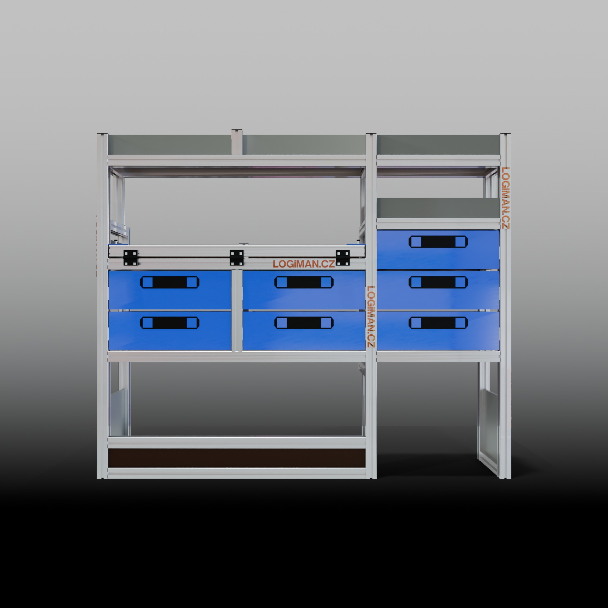Van shelving fit-out – VW Transporter T6 L1 - front view