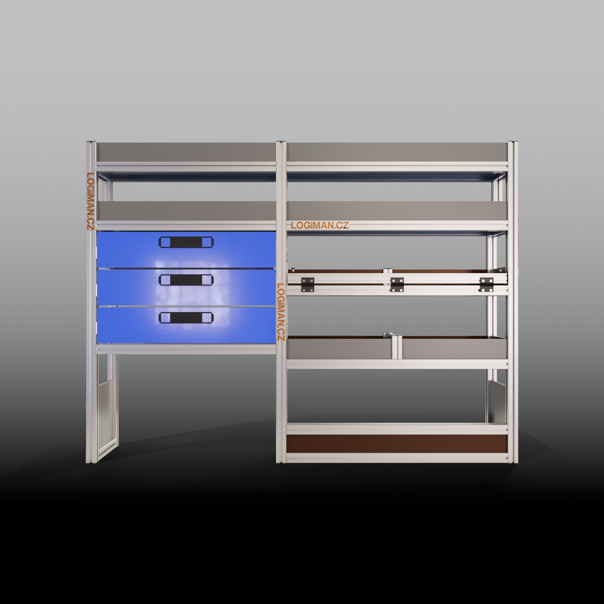 Van shelving fit-out – VW Transporter T6 L1 - front view